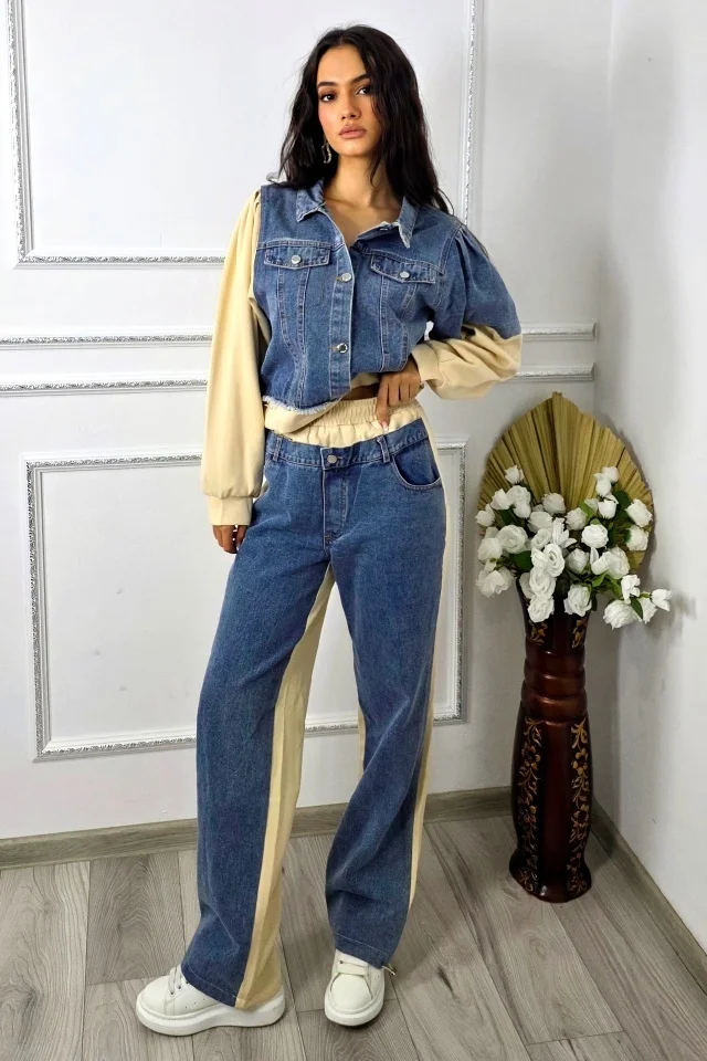 Compleu cu panou de blugi, Samya, pantaloni si jacheta hibrid, Crem, Marime S/M