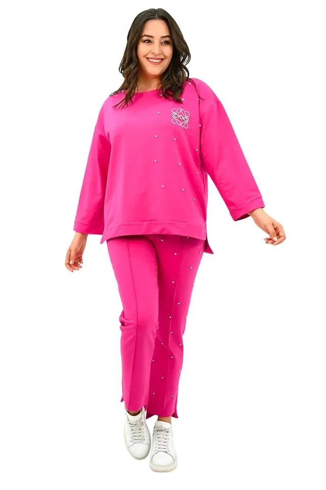 Compleu dama TAYRA, pantaloni conici si bluza cu pietre artizanale, ROZ