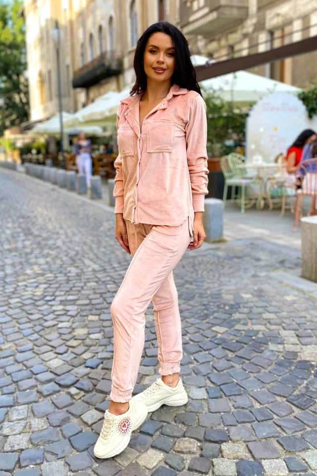 Compleu de catifea Aurora, pantaloni si camasa, Roz, Marime S/M