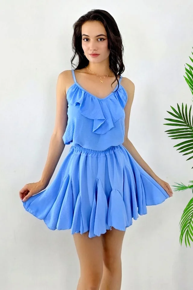 Compleu de vara Calipso, cu volane, top si fusta pantalon, Albastru Baby Blue, Marime S/M