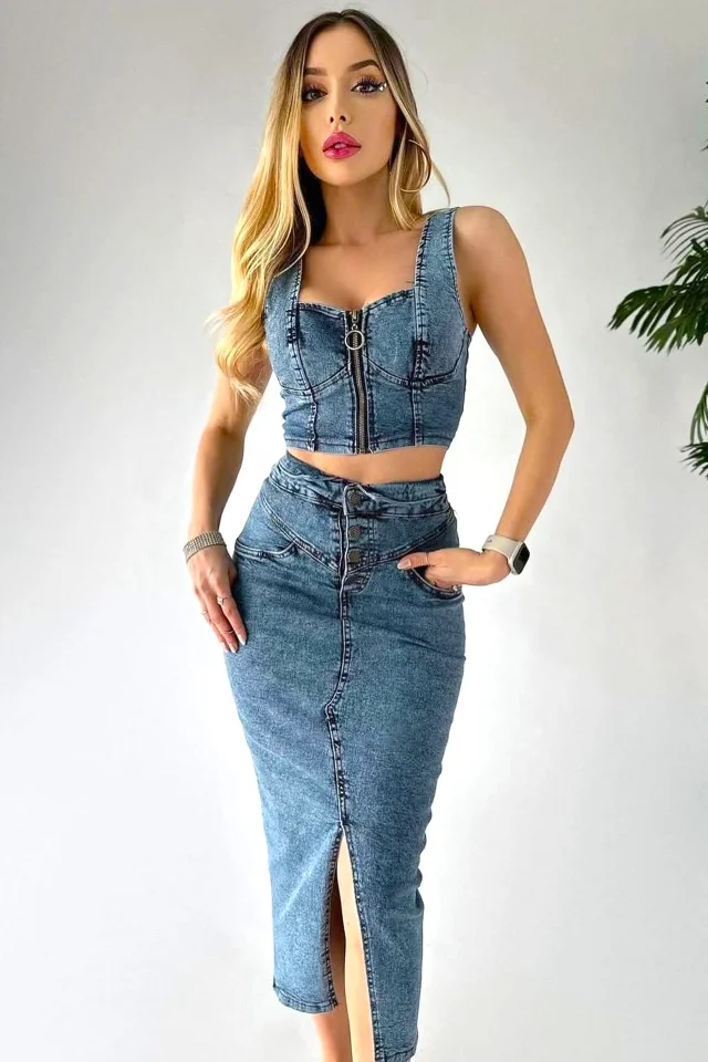 Compleu denim MigheL, cu fusta lunga crapata si bustiera cu fermoar, Albastru