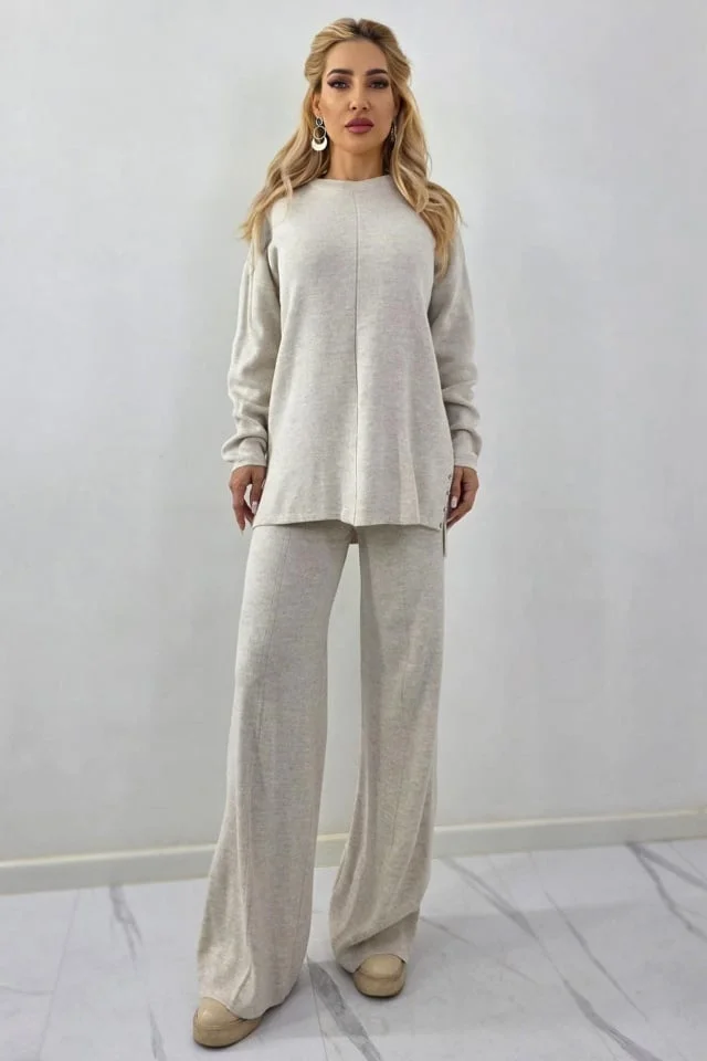 Compleu dungi centrate, ELETRA, pantaloni cu buzunare si bluza lunga, Crem, Marime M/L