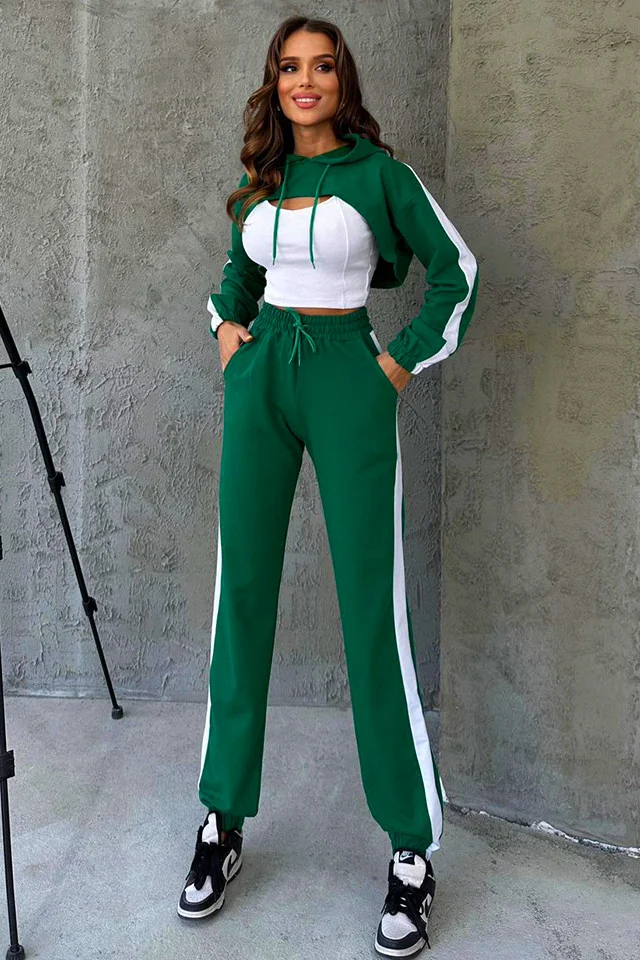 Compleu sport Bold Comfort, cu trei piese, hanorac decupat, top asortat si pantaloni cu dunga laterala, Verde