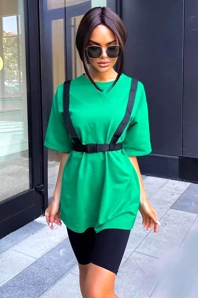 Compleu sport Cibyl, tricou lung cu ham si colanti scurti, Verde