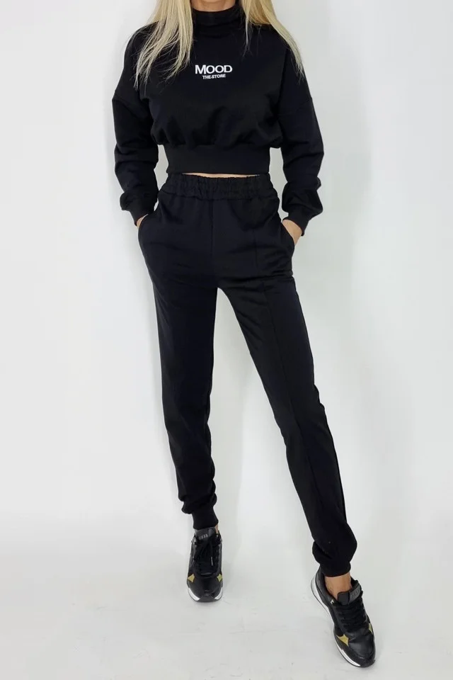 Compleu sport Mood, pantaloni si bluza pe gat, Negru