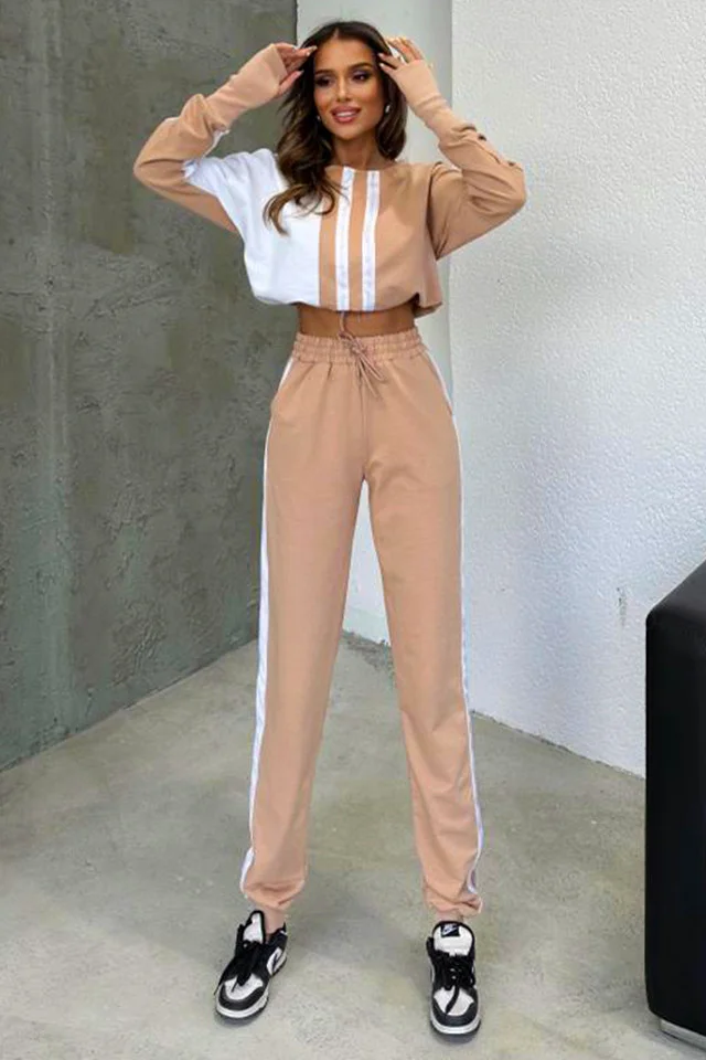 Compleu sport One Balance, bluza cu manseta tip manusa, snur in talie si pantaloni cu banda elastica, Bej