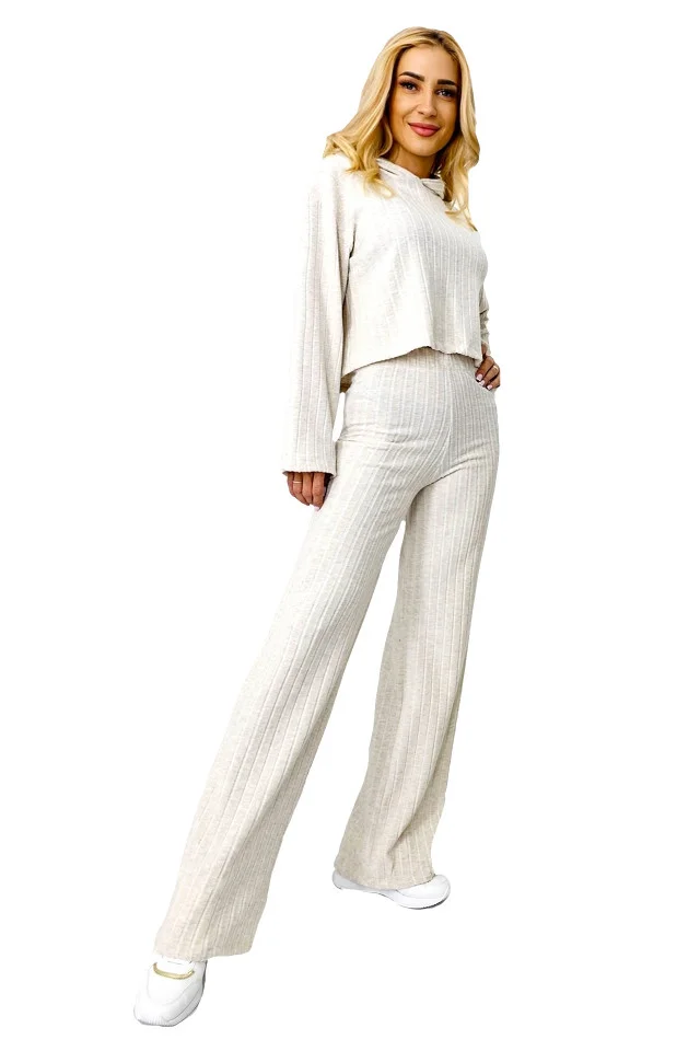 Compleu tetra Scarlett, cu bluza large, gluga si pantaloni lejeri, Crem