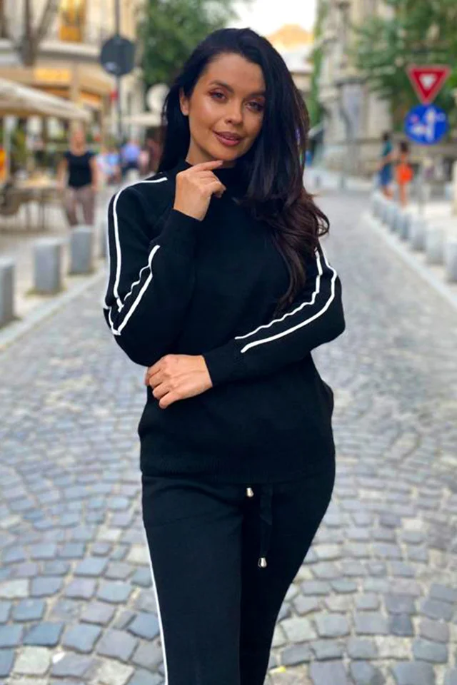 Compleu tricot Jessica, bluza si pantaloni cu dungi, Negru, Marime S/M