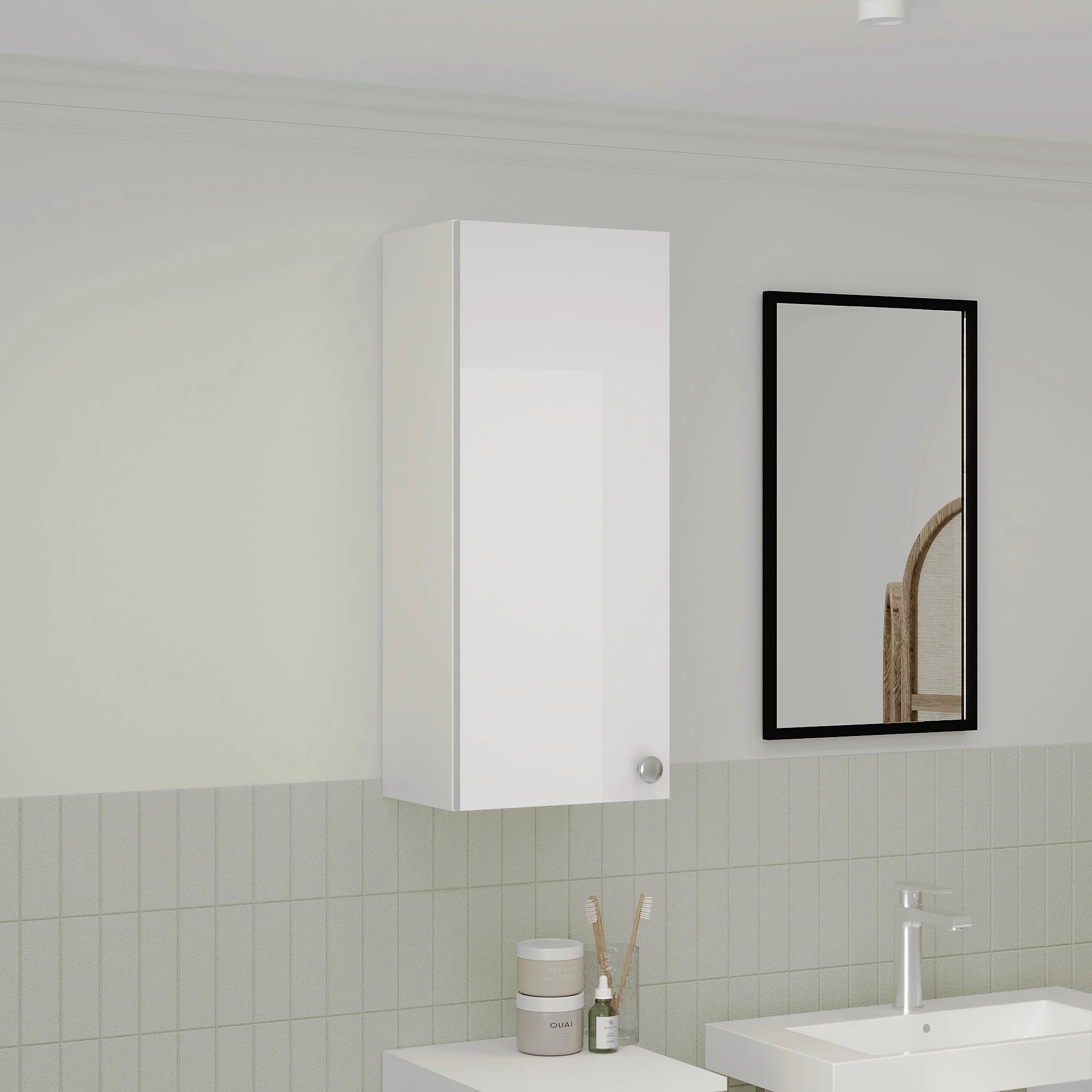 Corp Baie Zaria, Suspendat, 1 Usa, Alb lucios/Alb, MDF, L 30 x l 22 x H 72 cm