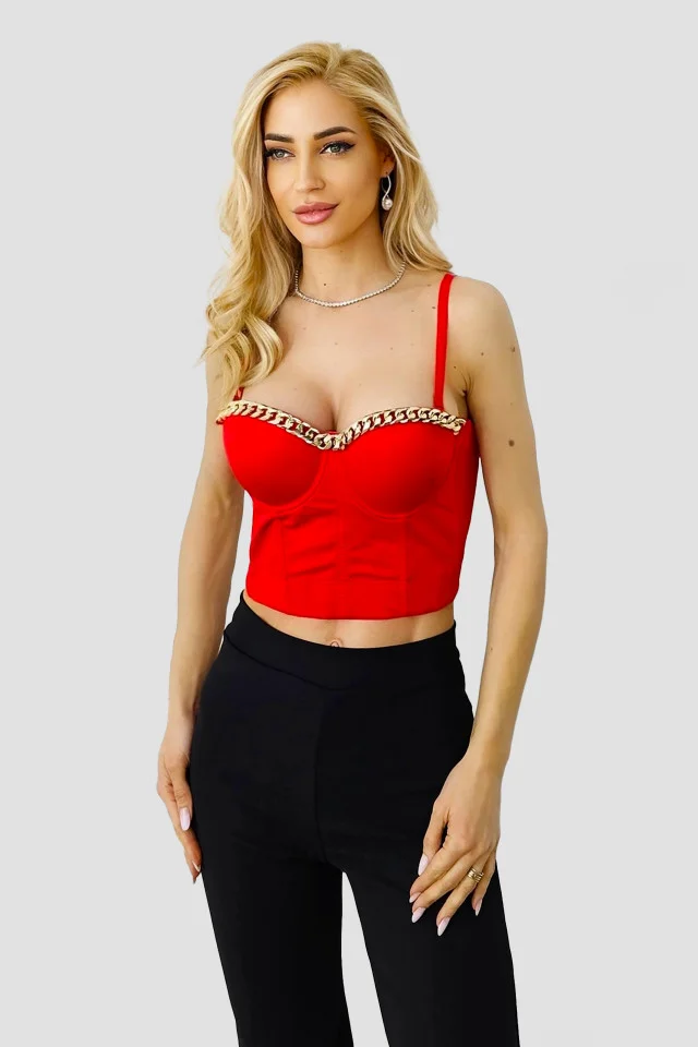 Corset satinat BBY, cu lant decorativ, balene metalice si efect de push-up, Rosu