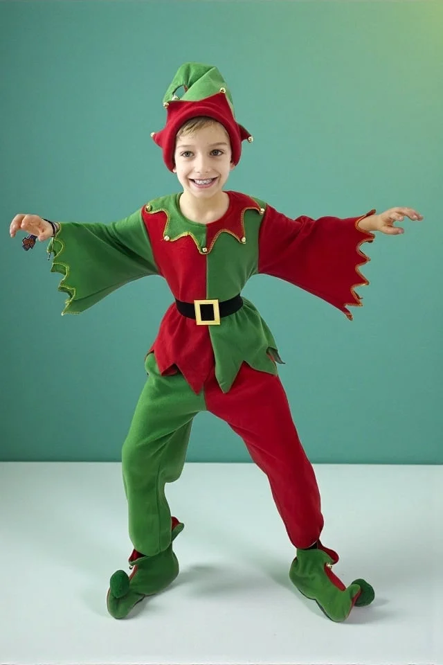 Costum Crăciun baieti ELFIN Candy – set 4 piese: bluza, pantaloni, botosei si caciula