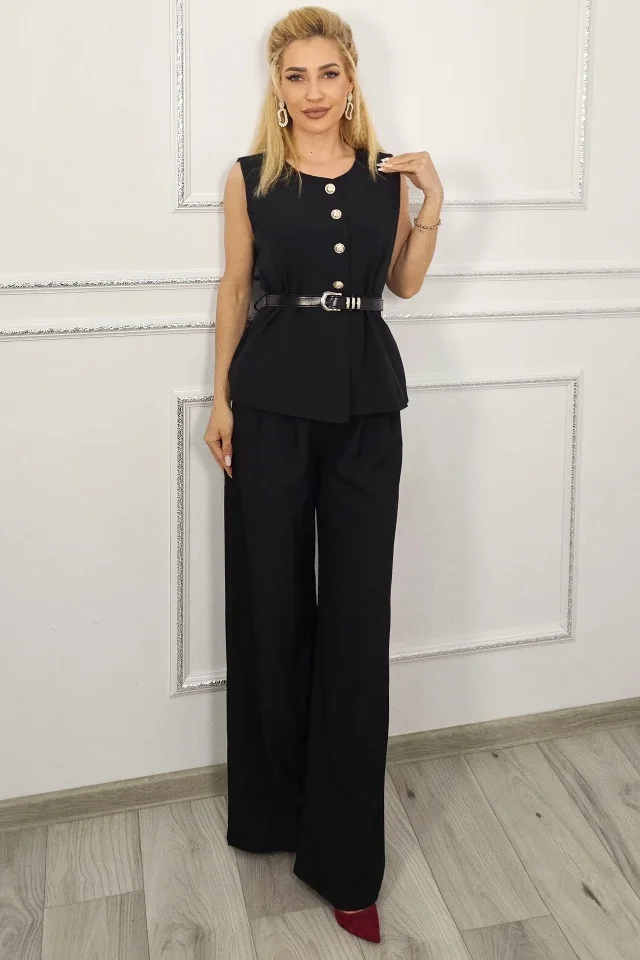 Costum dama office KARMIA, cu vesta, curea si pantaloni largi, Negru, Marime S/M