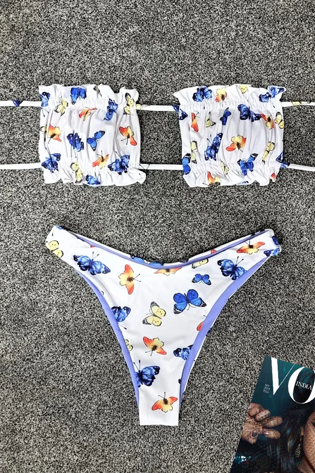 Costum de baie doua piese Butterflies Blue cu slip in doua nuante