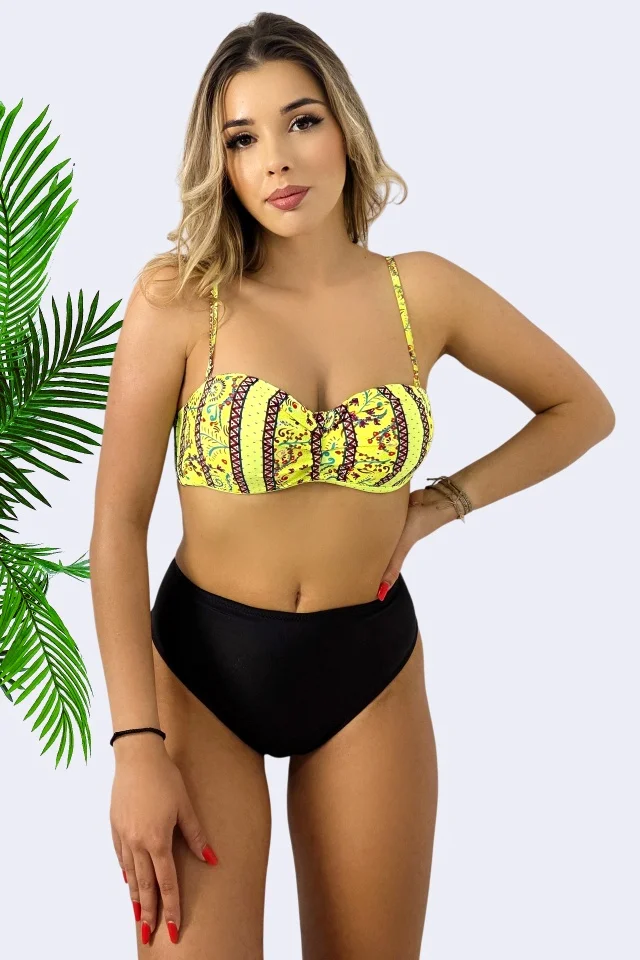 Costum de baie doua piese IVORA, slip cu talie inalta si sutien cu push up, Galben