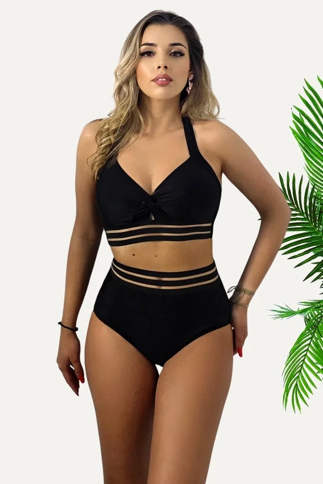 Costum de baie doua piese LEORA, slip clasic cu talie inalta si sutien sport, Negru
