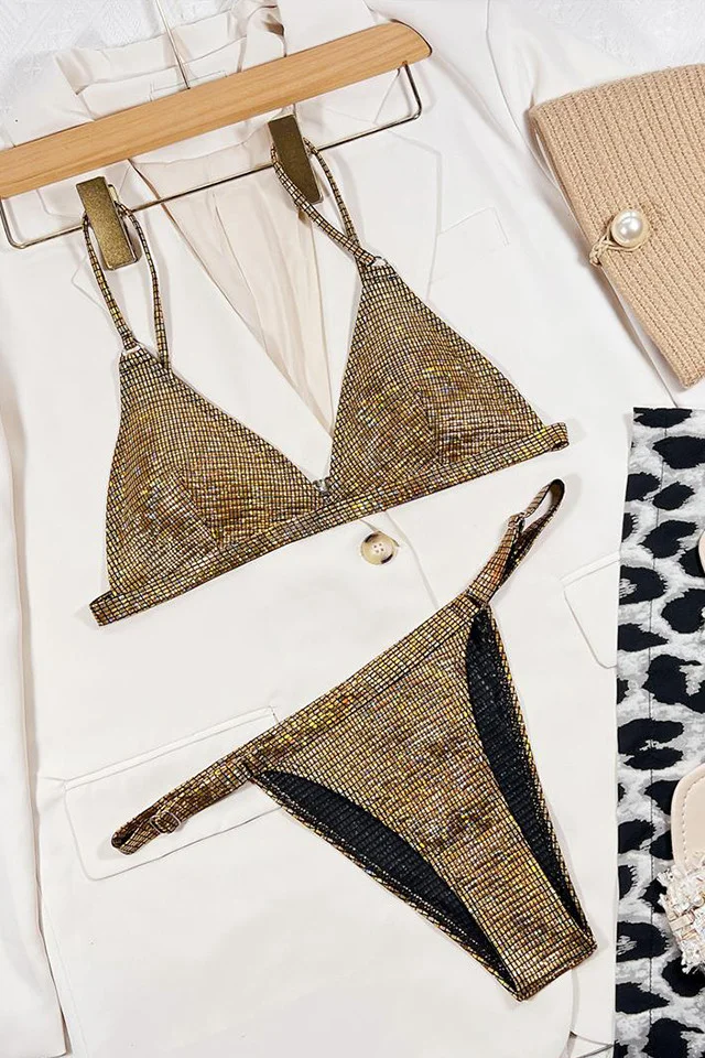 Costum de baie doua piese Paradise Passion, cu paiete si burete detasabil, Auriu