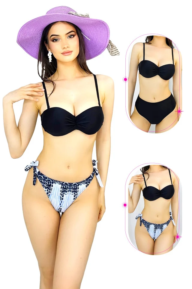 Costum de baie trei piese Ingrid, cu doua tipuri de slip si imprimeu abstract, Negru