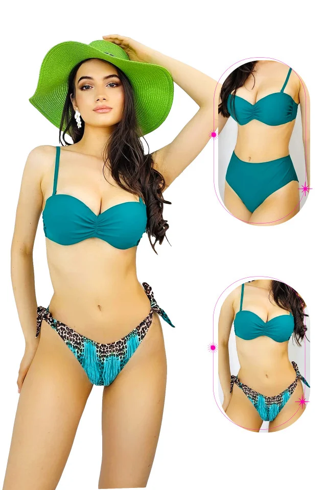 Costum de baie trei piese Ingrid, cu doua tipuri de slip si imprimeu abstract, Turquoise
