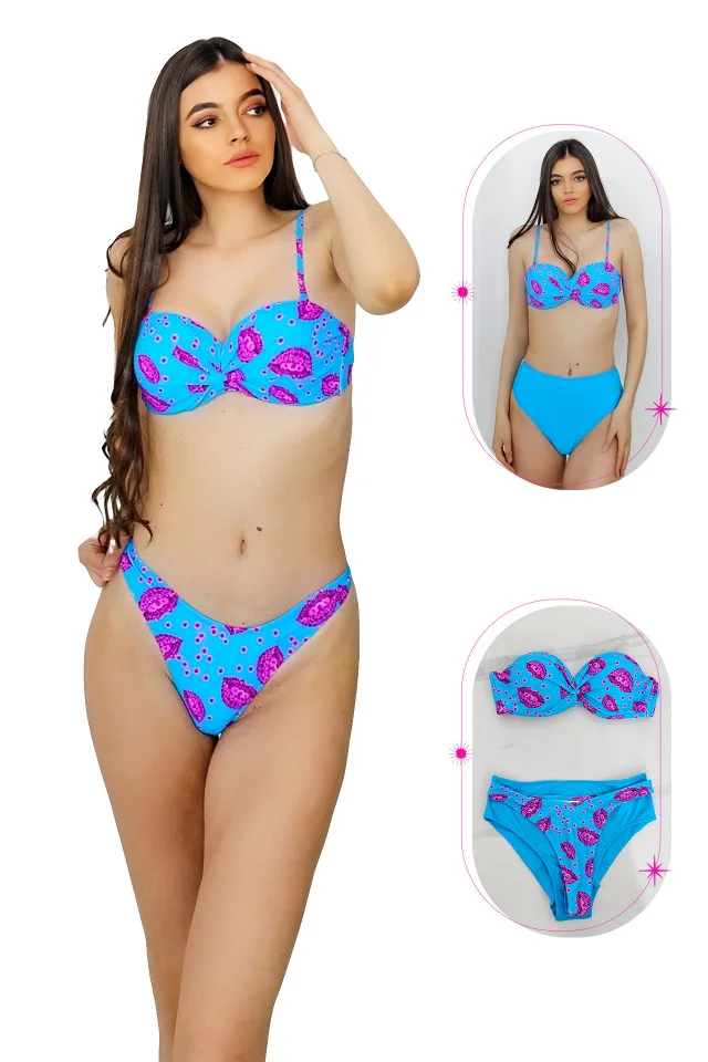 Costum de baie trei piese Maggie, imprimeu abstract si sutien cu push up, Albastru