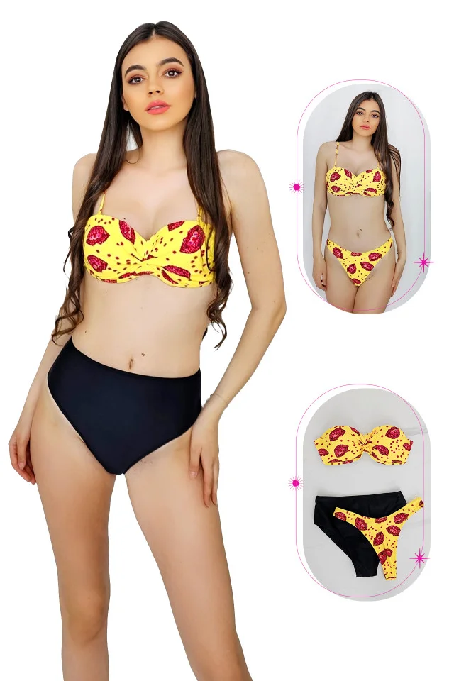 Costum de baie trei piese Maggie, imprimeu abstract si sutien cu push up, Galben