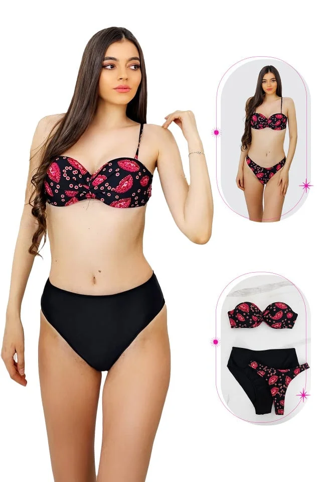 Costum de baie trei piese Maggie, imprimeu abstract si sutien cu push up, Negru
