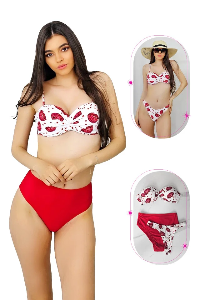 Costum de baie trei piese Maggie, imprimeu abstract si sutien cu push up, Rosu