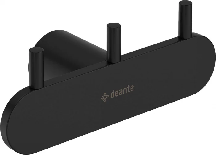 Cuier de baie negru mat, cu 3 agatatori, fixari ascunse, Deante Round