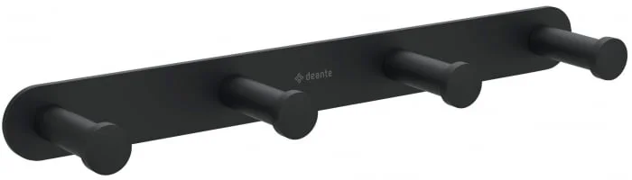 Cuier de baie negru mat, cu 4 agatatori, fixari ascunse, Deante Jasmin