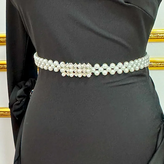 Curea elastica cu perle TYE, catarama decorativa dreptunghiulara si cristale, Crem