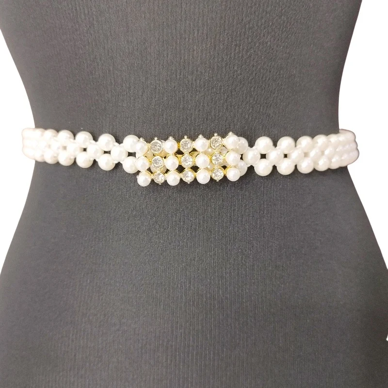 Curea elastica cu perle TYE, catarama decorativa dreptunghiulara si cristale, Gold