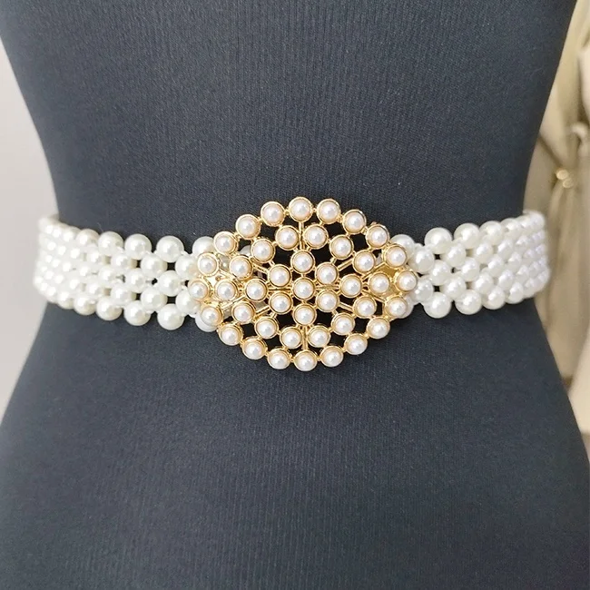 Curea elastica din perle Pearly B, cu catarama metalica decorativa, Gold Ovalyn