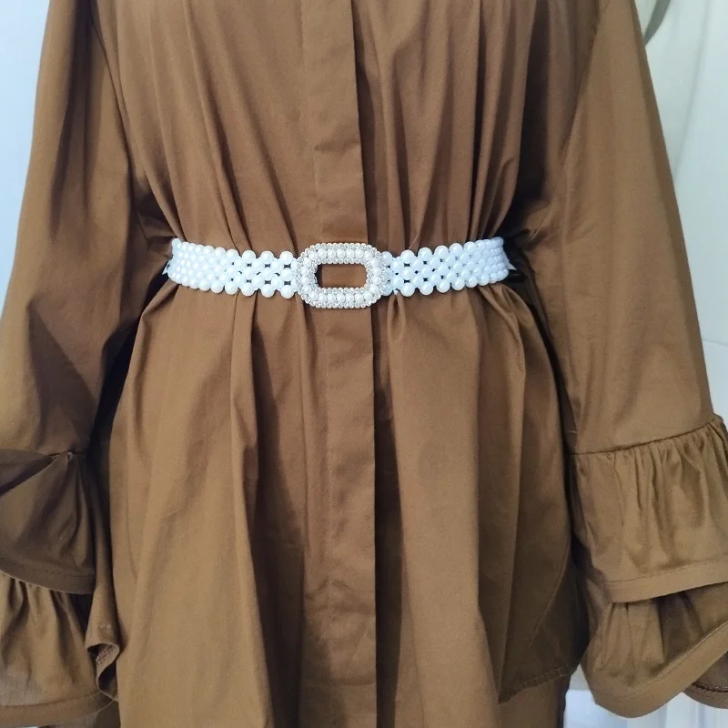 Curea elastica perle Pearly B, cu catarama metalica ovala si cristale, Silver Smile