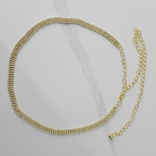 Curea subtire metalica cu lant reglabil si pietre artizanale, Sandy, Auriu