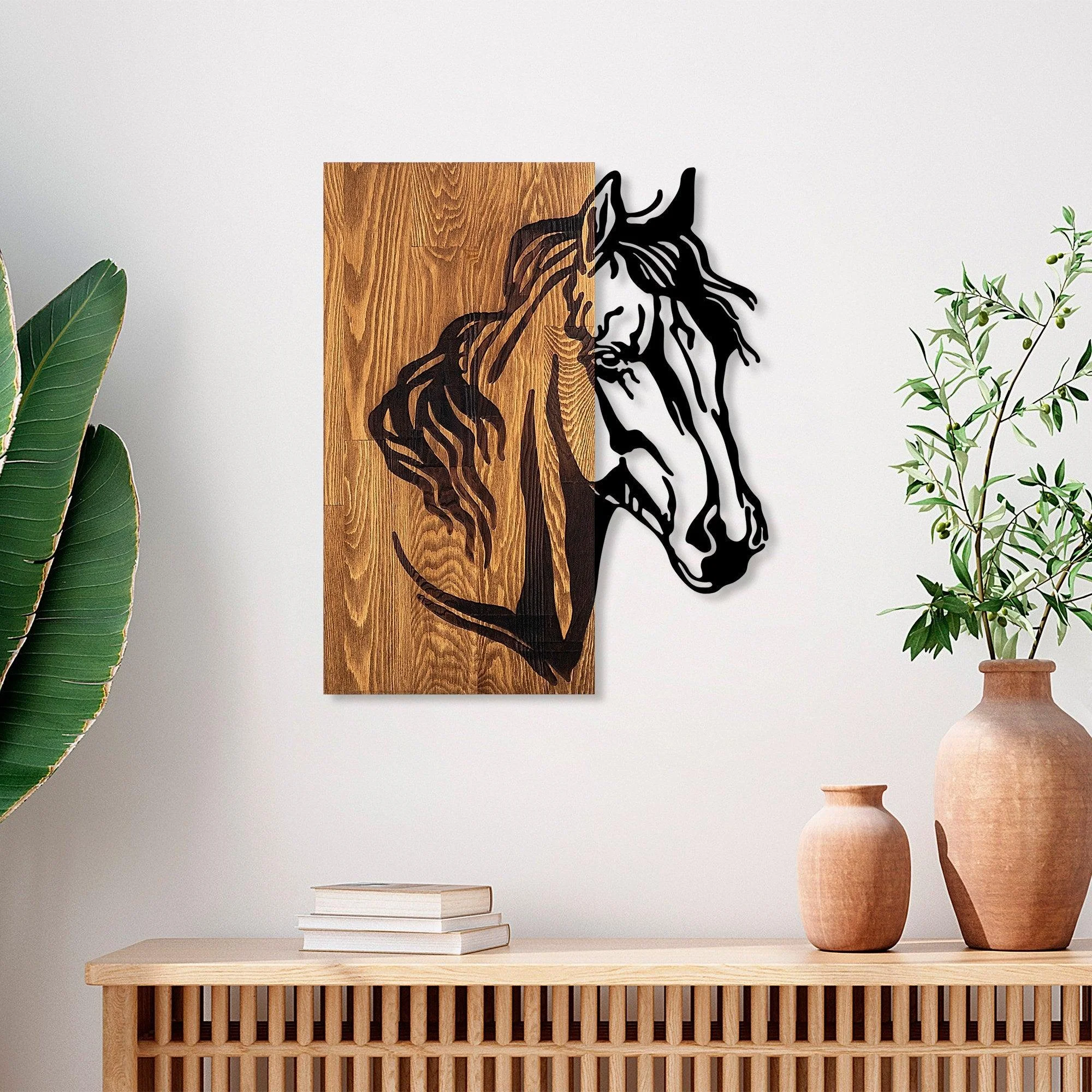 Decoratiune de perete lemn Horse 1, Nuc, 57x3x48 cm