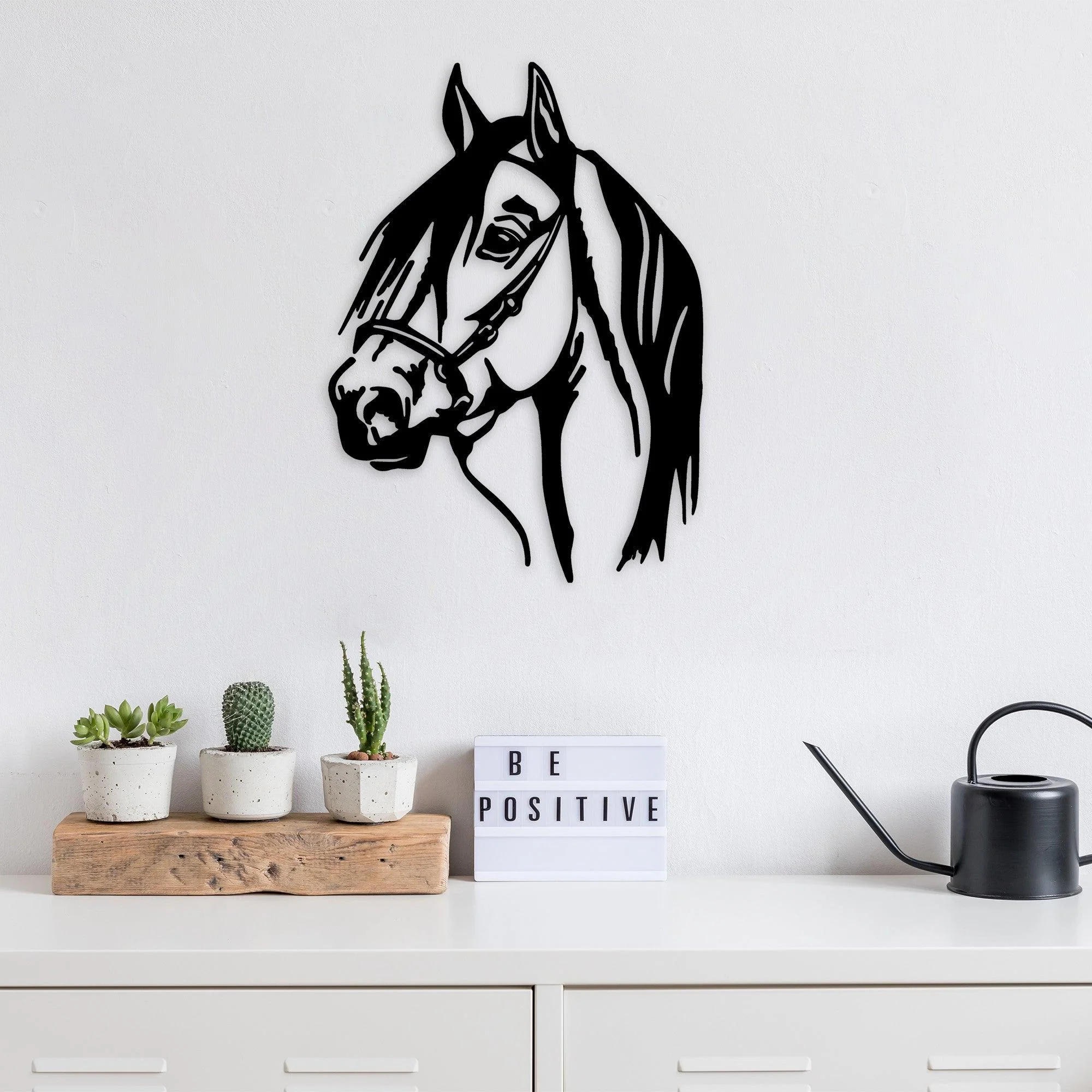 Decoratiune de perete Metal Horse Head, Negru, 55x1x40 cm