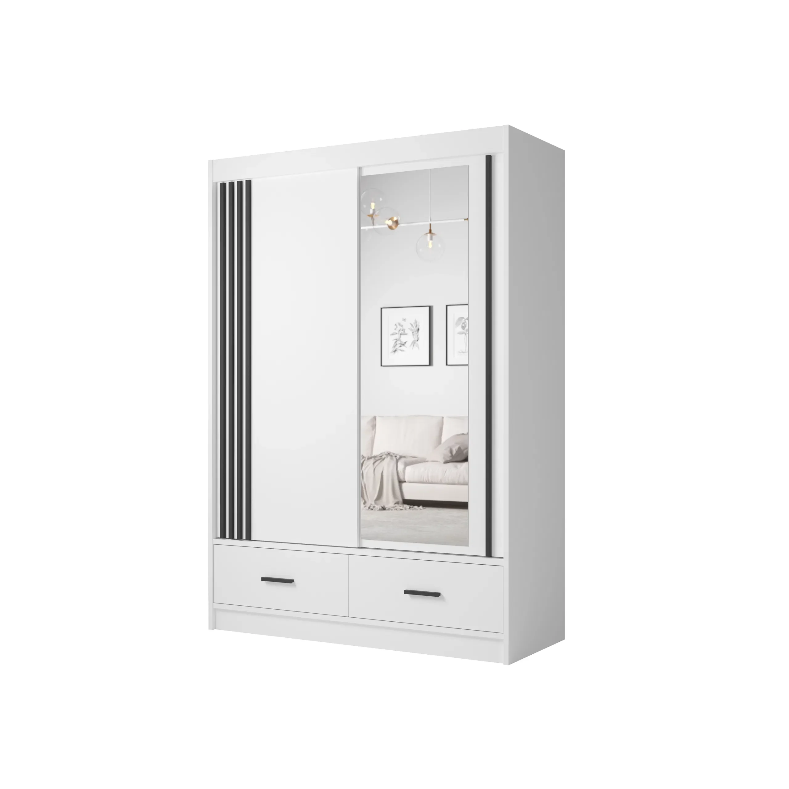 Dulap CANADA CA24-15, usi glisante, 2 sertare, 5 rafturi, bara de haine, oglinda, alb + negru, 150x60x215 cm