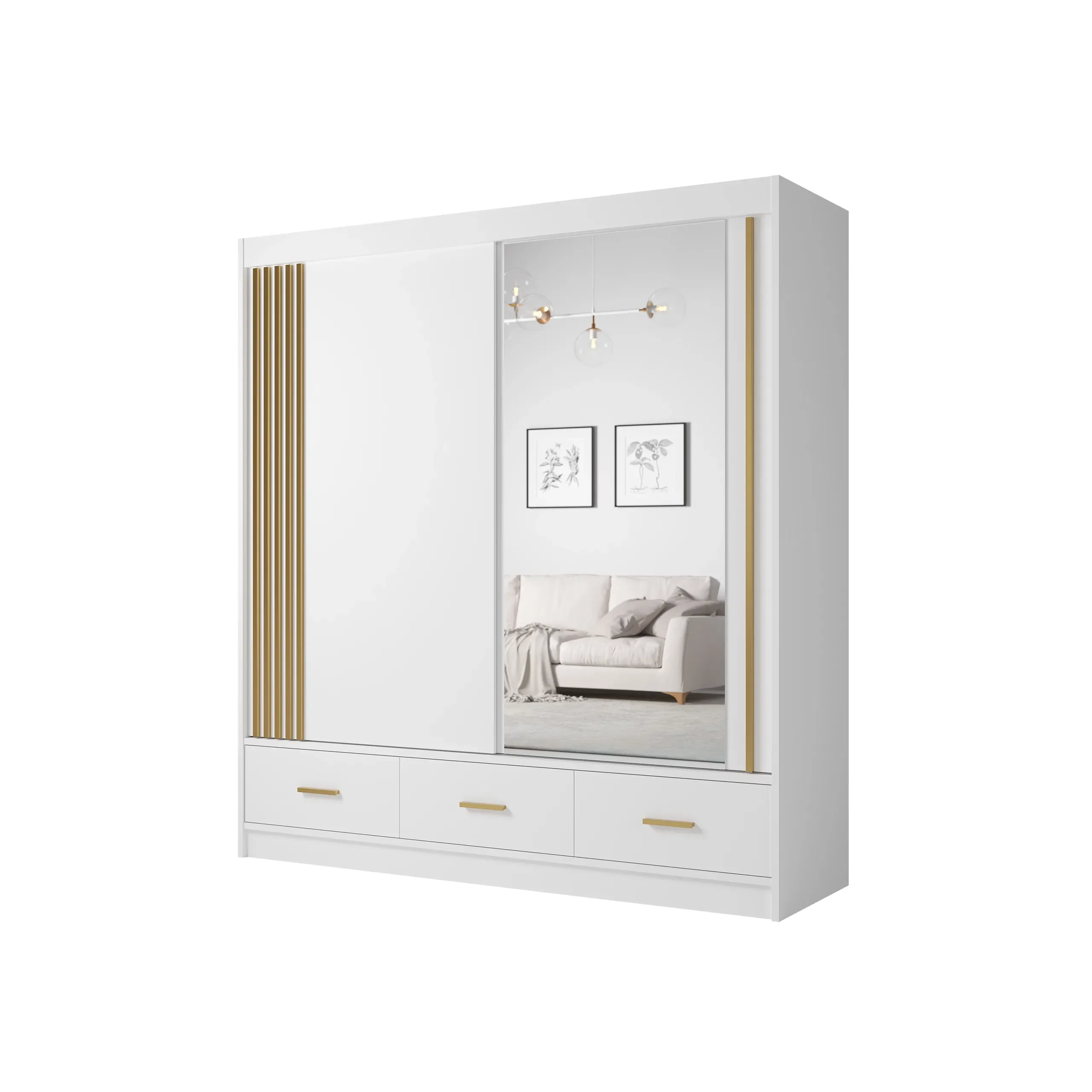 Dulap CANADA CA25-20, usi glisante, 3 sertare, 5 rafturi, bara de haine, oglinda, alb + auriu, 200x60x215 cm