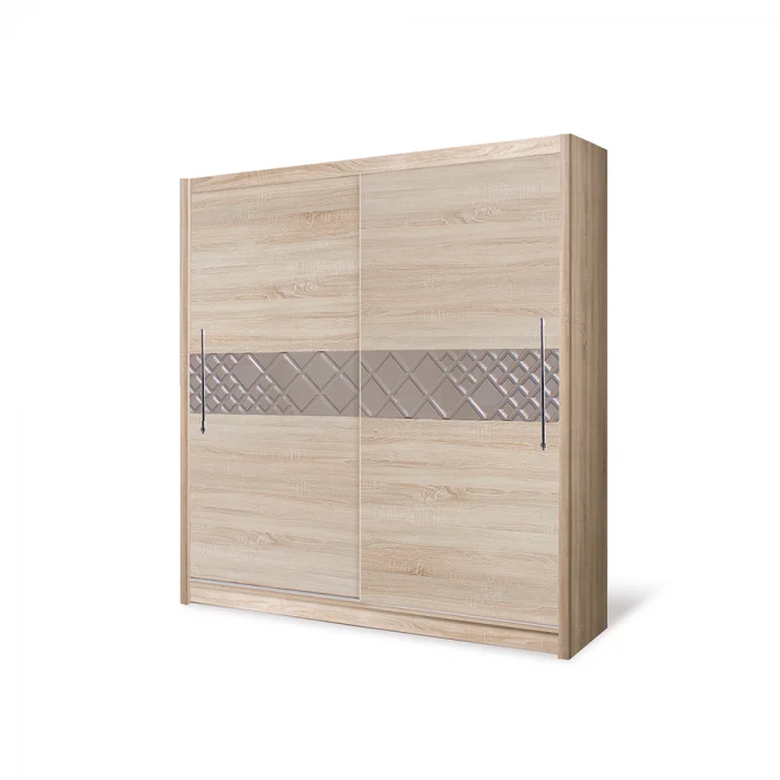 Dulap D03-15, usi glisante, 6 rafturi, bara de haine, corp sonoma deschis, fronturi cappuccino, 150x59x215 cm