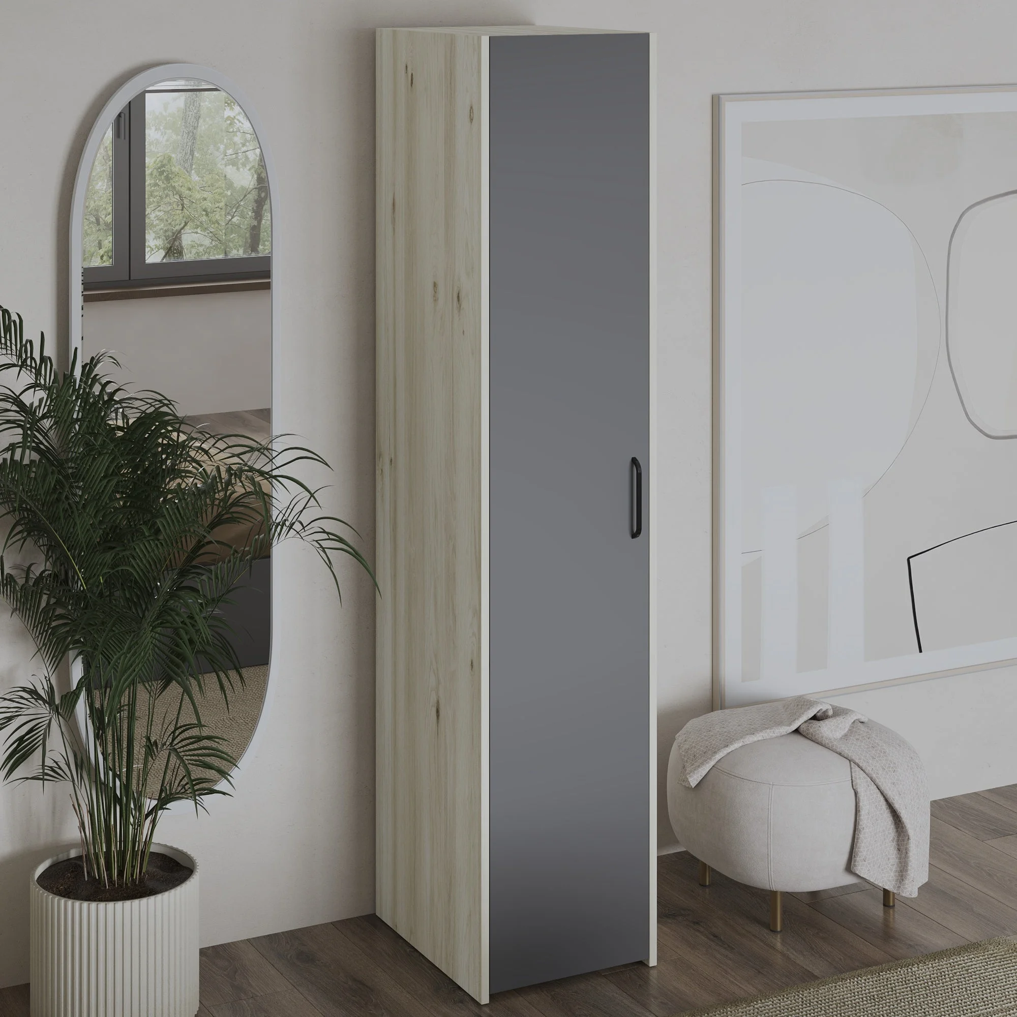 Dulap Malmo, 1 Usa, cu polite, Stejar Alb/Antracit, 42 x 52 x 200 cm