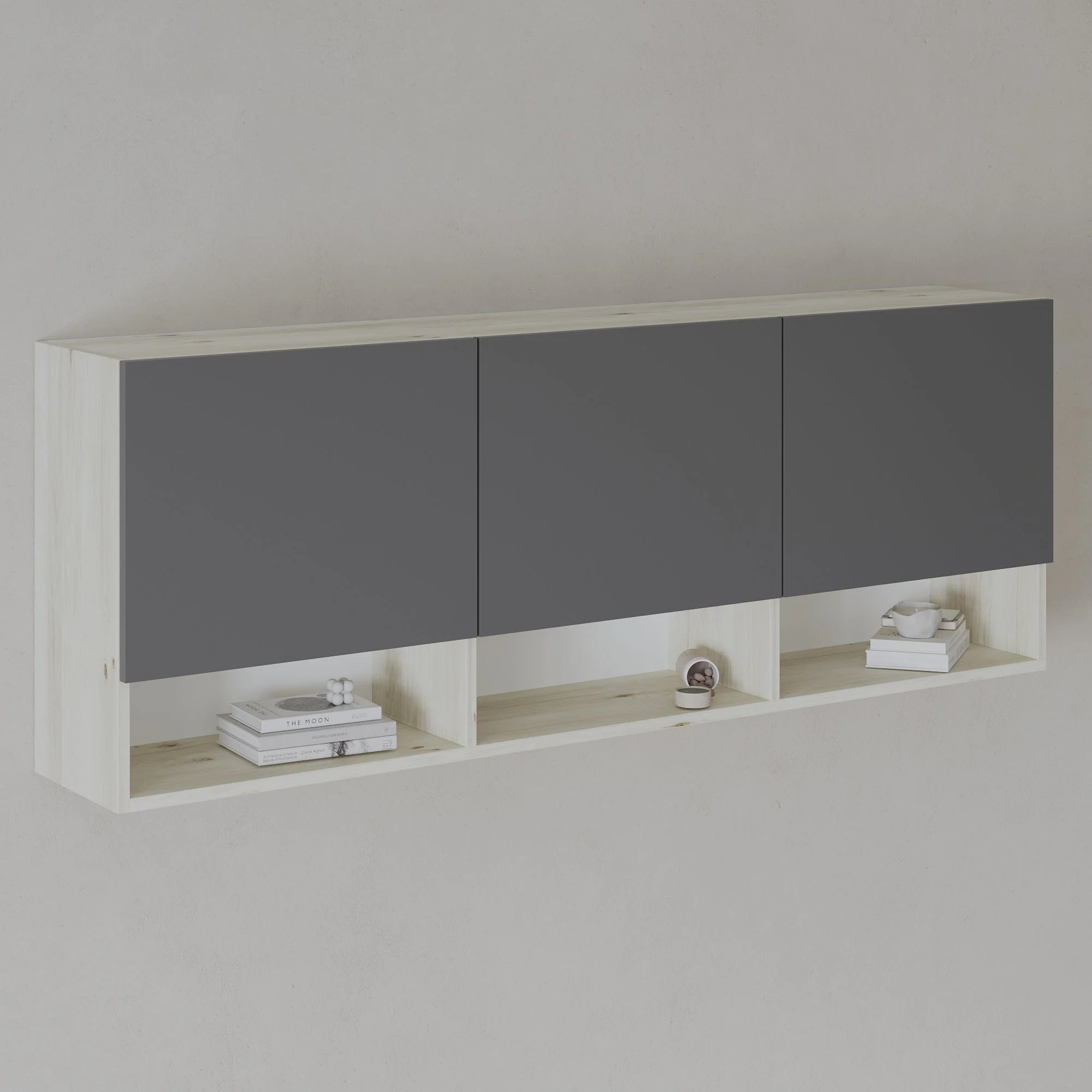 Dulap suspendat Malmo, 3 Usi, Stejar Alb/Antracit, 164 x 27 x 60 cm