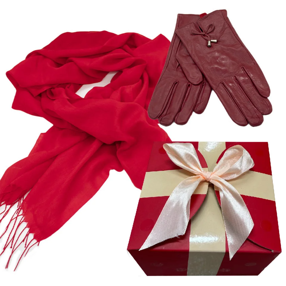 Esarfa tip sal, din material subtire cu casmir, manusi asortate si ambalate in cutie cadou, Rosu, 178x72 cm