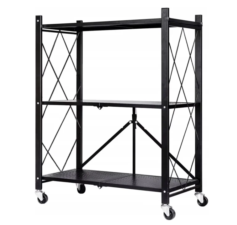 Etajera cu 3 polite mobila Depozitare bucatarie pliabila pe roti Neagra