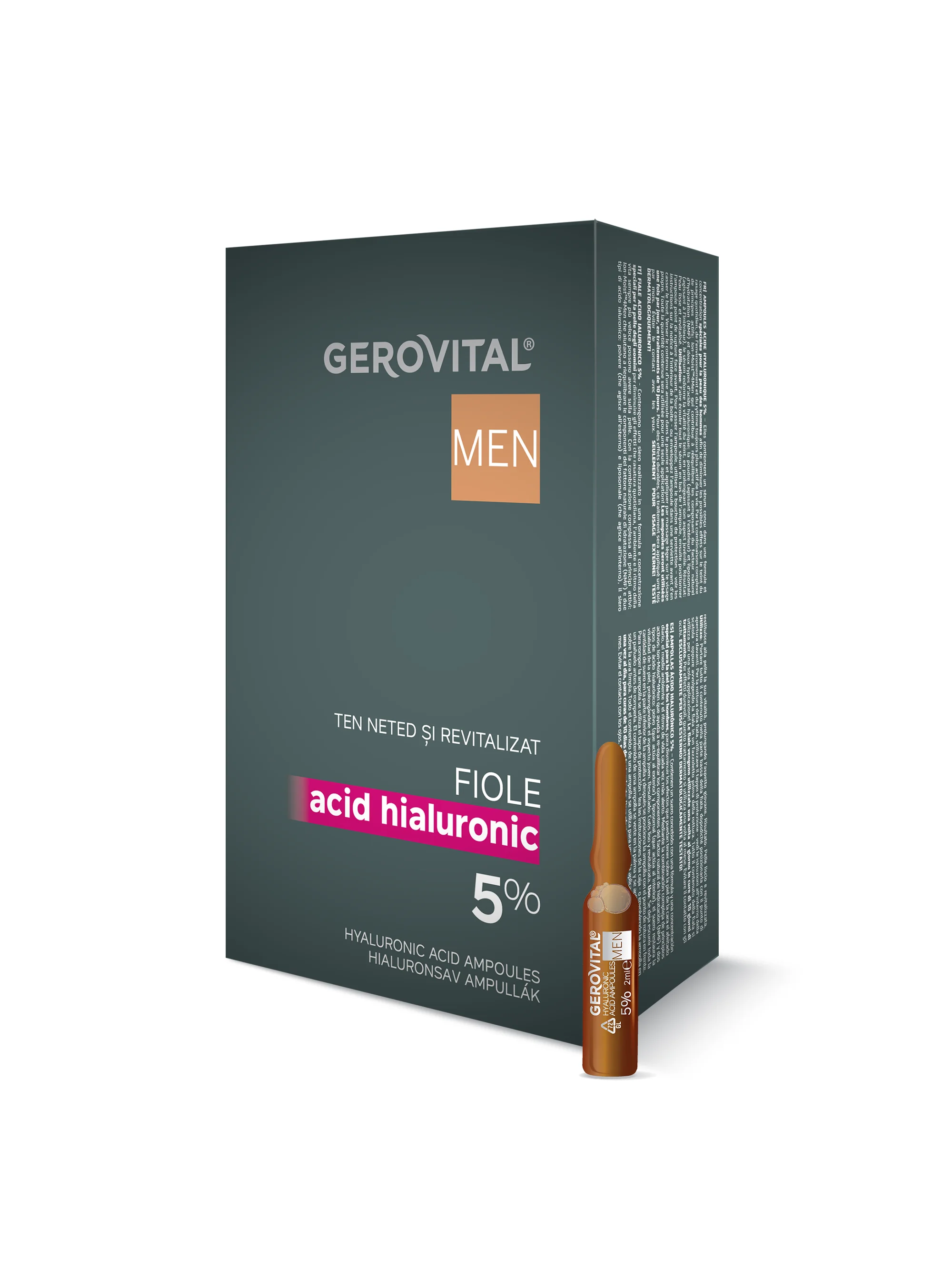 Fiole Cu Acid Hialuronic 5% Pentru Bărbați  Tratament Intensiv De Hidratare Pentru Un Ten Neted și Revitalizat, Gerovital Men, 10 Fiole X 2 Ml
