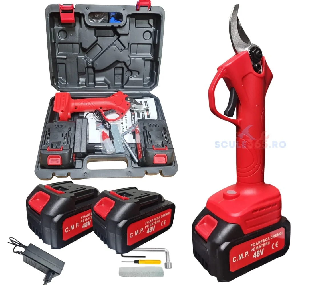 Foarfeca gradina electrica cu 2 acumulatori 48V, pentru gradina, diametru taiere 27mm, Valiza, profesional Campion PROFESSIONAL CMP1811