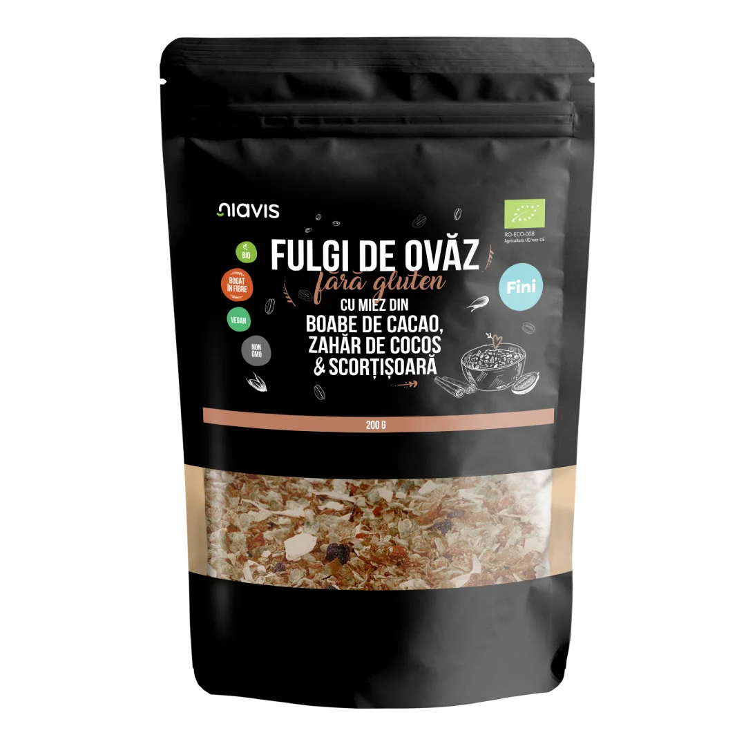 Fulgi de ovaz fini fara gluten cu scortisoara Bio, 200 g, Niavis