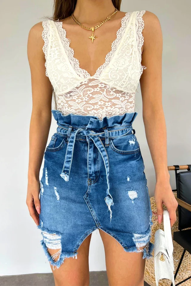 Fusta denim Cute Touch, cu perforatii accentuate si croi paper bag, Albastru