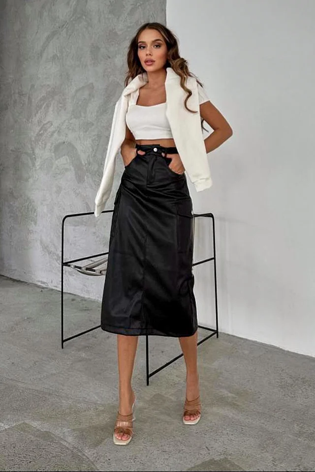 Fusta din piele ecologica Tabyta, cu buzunare si croi trei sferturi, Negru