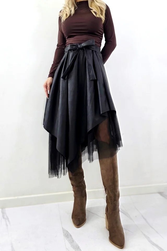 Fusta Florentina, din piele eco, cu tull asimetric si cordon, Negru, Marime S/M