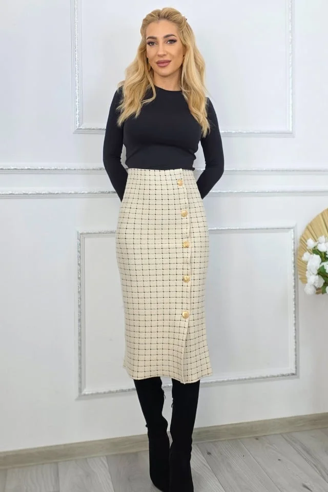 Fusta in carouri cu efect petrecut, AVERRA si butoni aurii, Crem-Negru