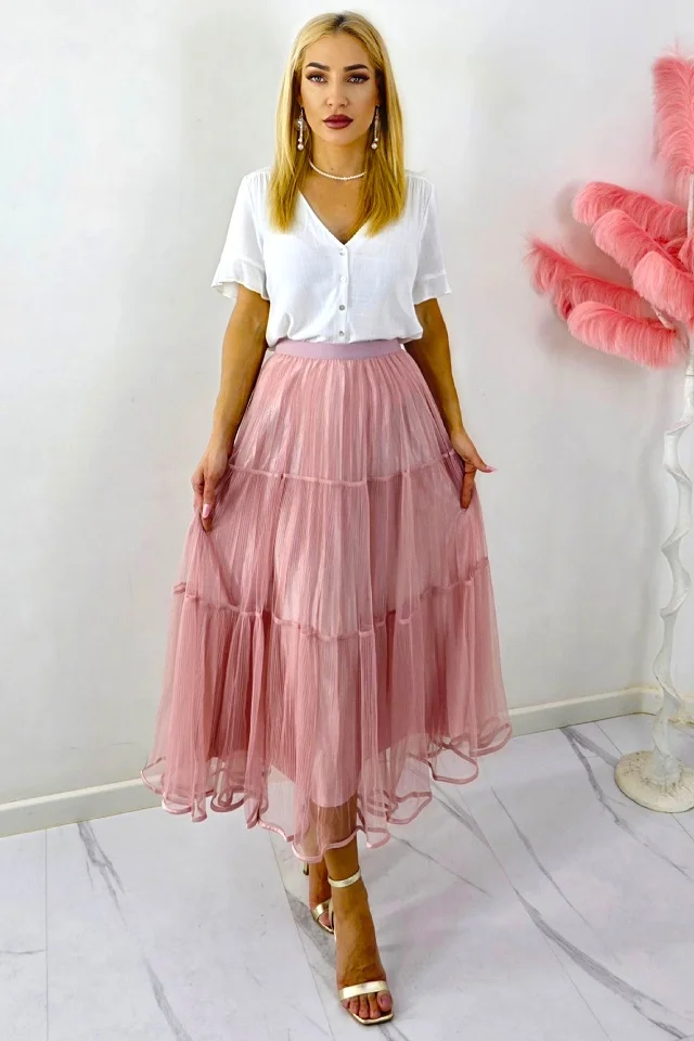 Fusta lunga cu doua fețe, LUNA, aspect plisat si tull, Roz, Marime S/M/L